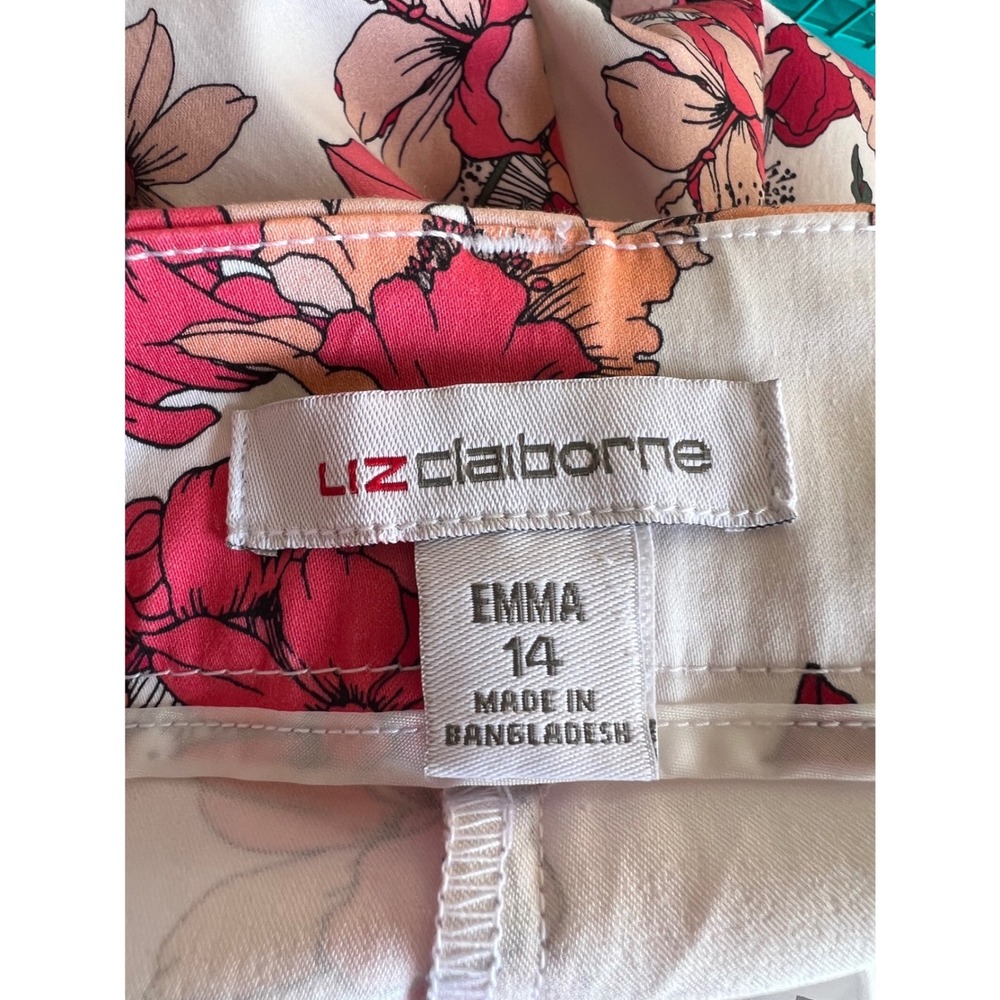 LIZ CLAIBORNE Emma Slim Leg Ankle Pants 14 White Floral Pink Orange Stretch NWT - Picture 6 of 16